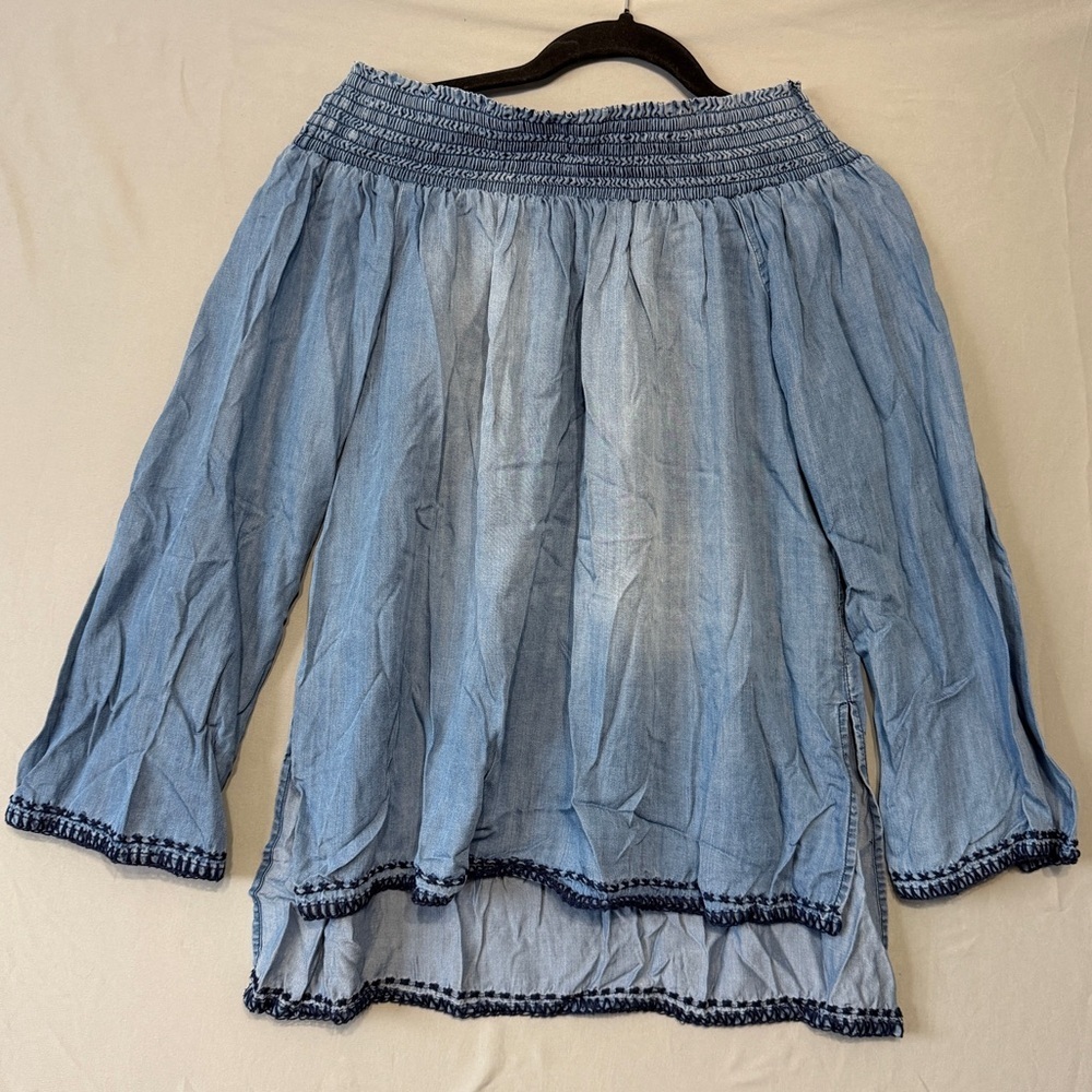 Dex Womens Chambray Off-Shoulder Boho Smocked Top Size S Bell Sleeves Hippie 70s